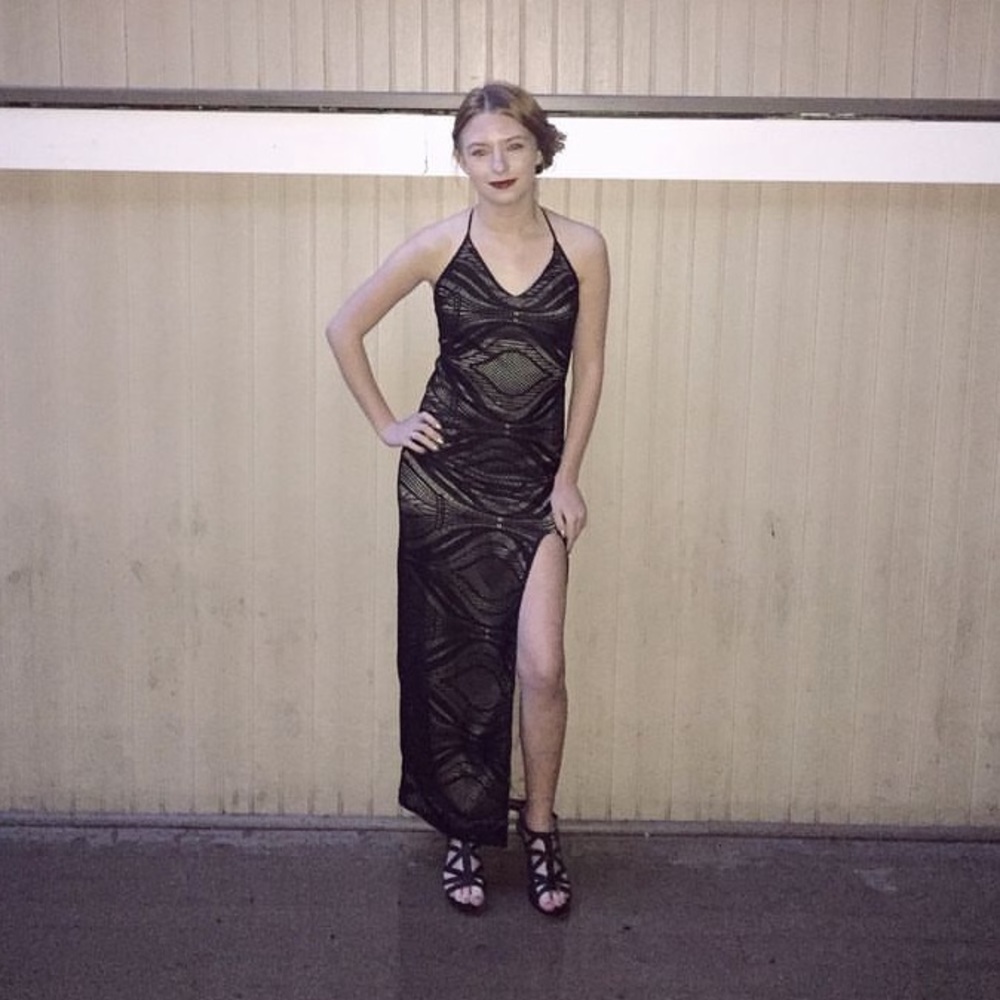 Again Lace Overlay Midi Cocktail Dress with High Slit